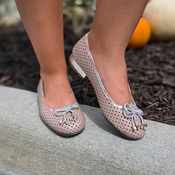 Blush Leather Ballerina with Diamond Cutout Detail and Bow | REF