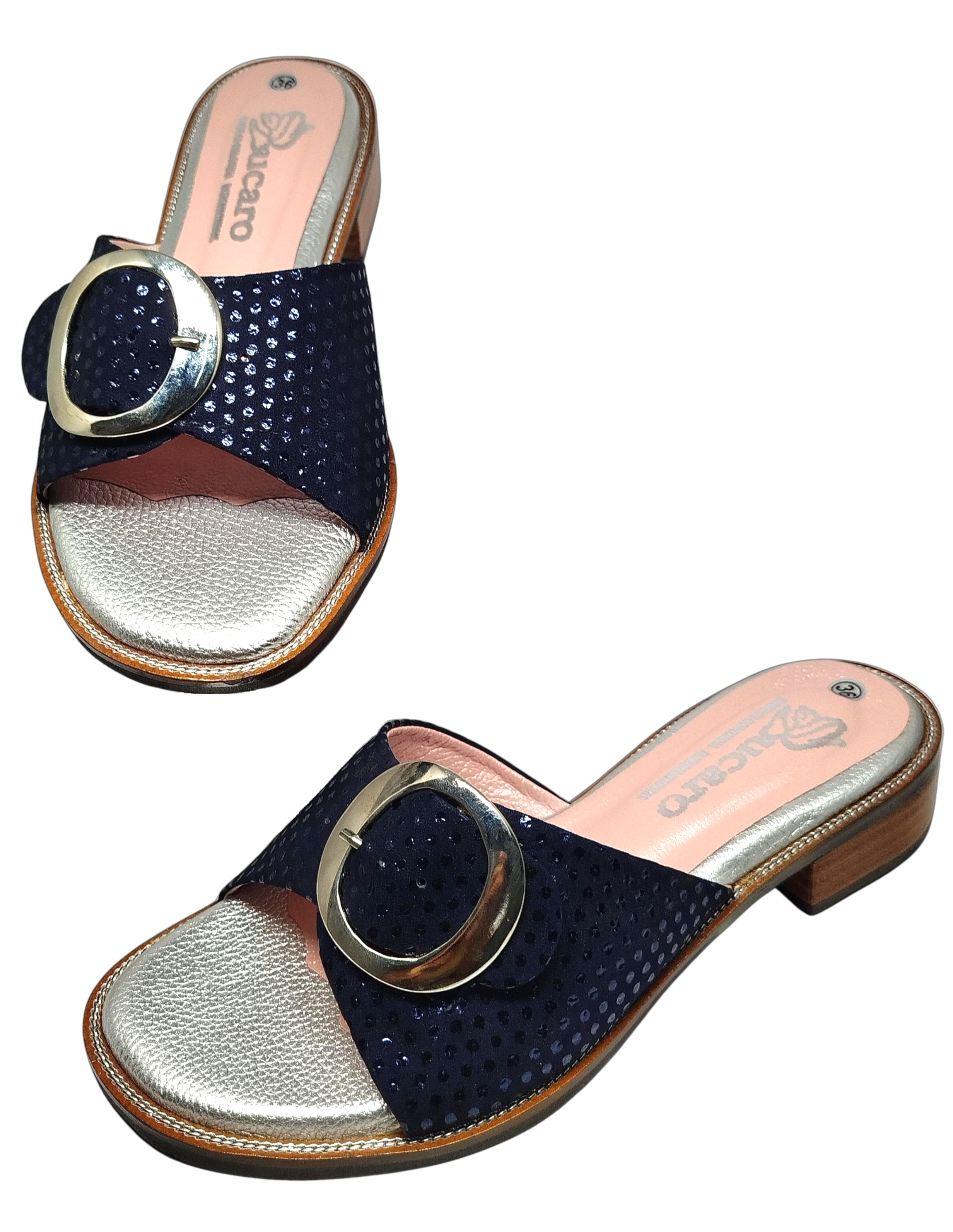 Navy Blue Flat Sandals with Metallic Buckle | Ref B649