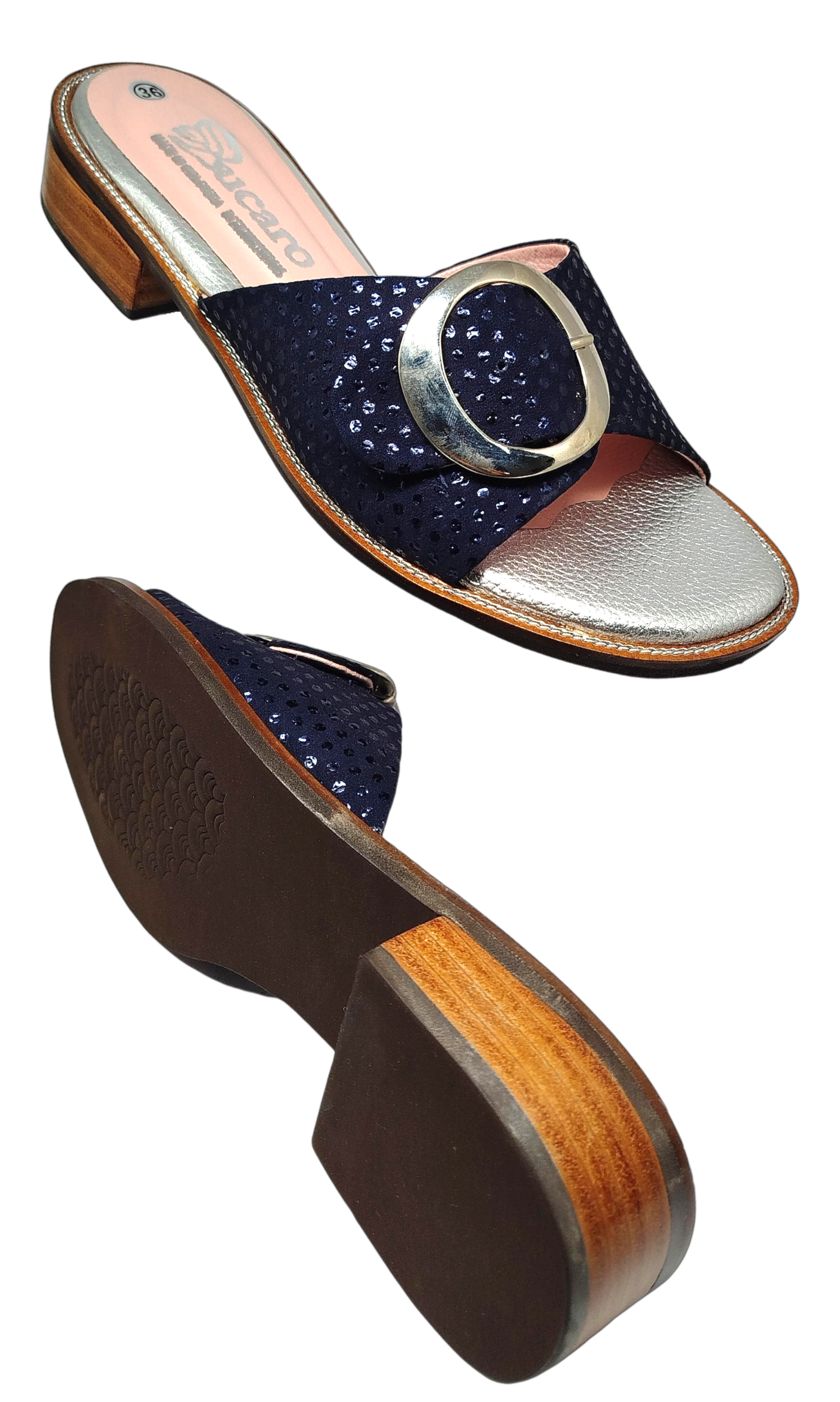 Navy Blue Flat Sandals with Metallic Buckle | Ref B649