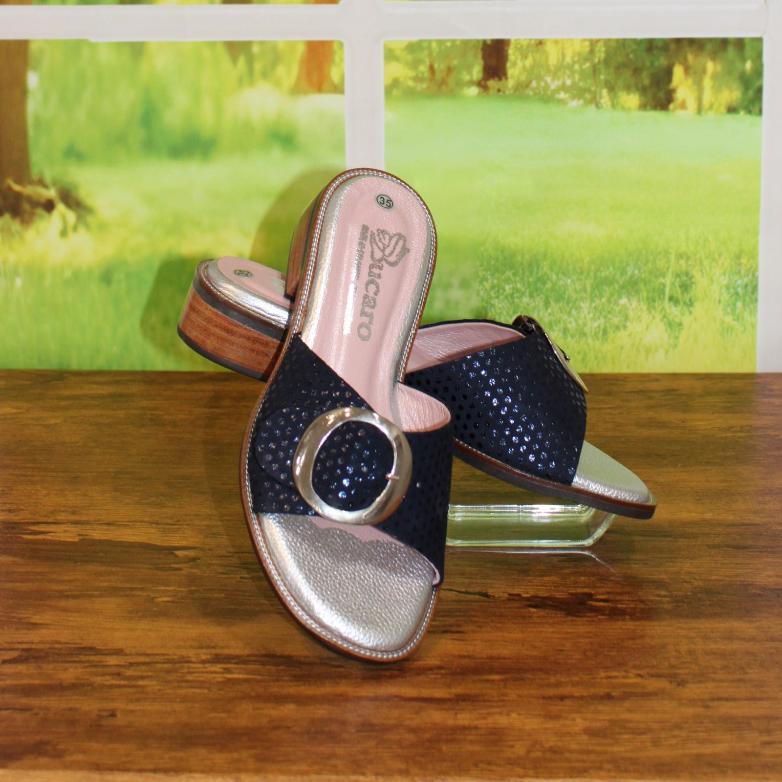 Navy Blue Flat Sandals with Metallic Buckle | Ref B649