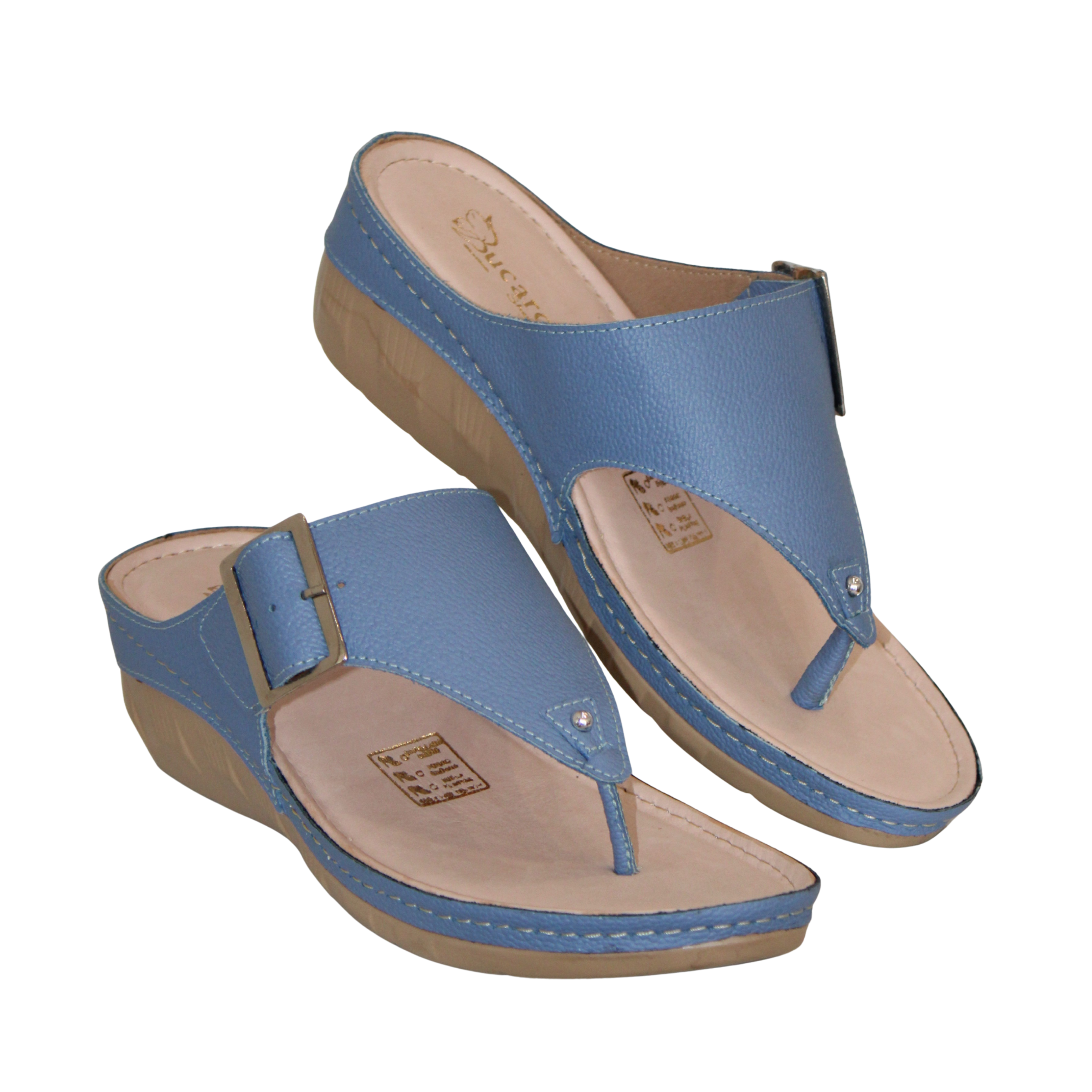 Flat Toe Sandals in Light Blue Leather with Adjustable Buckle Ref 0989
