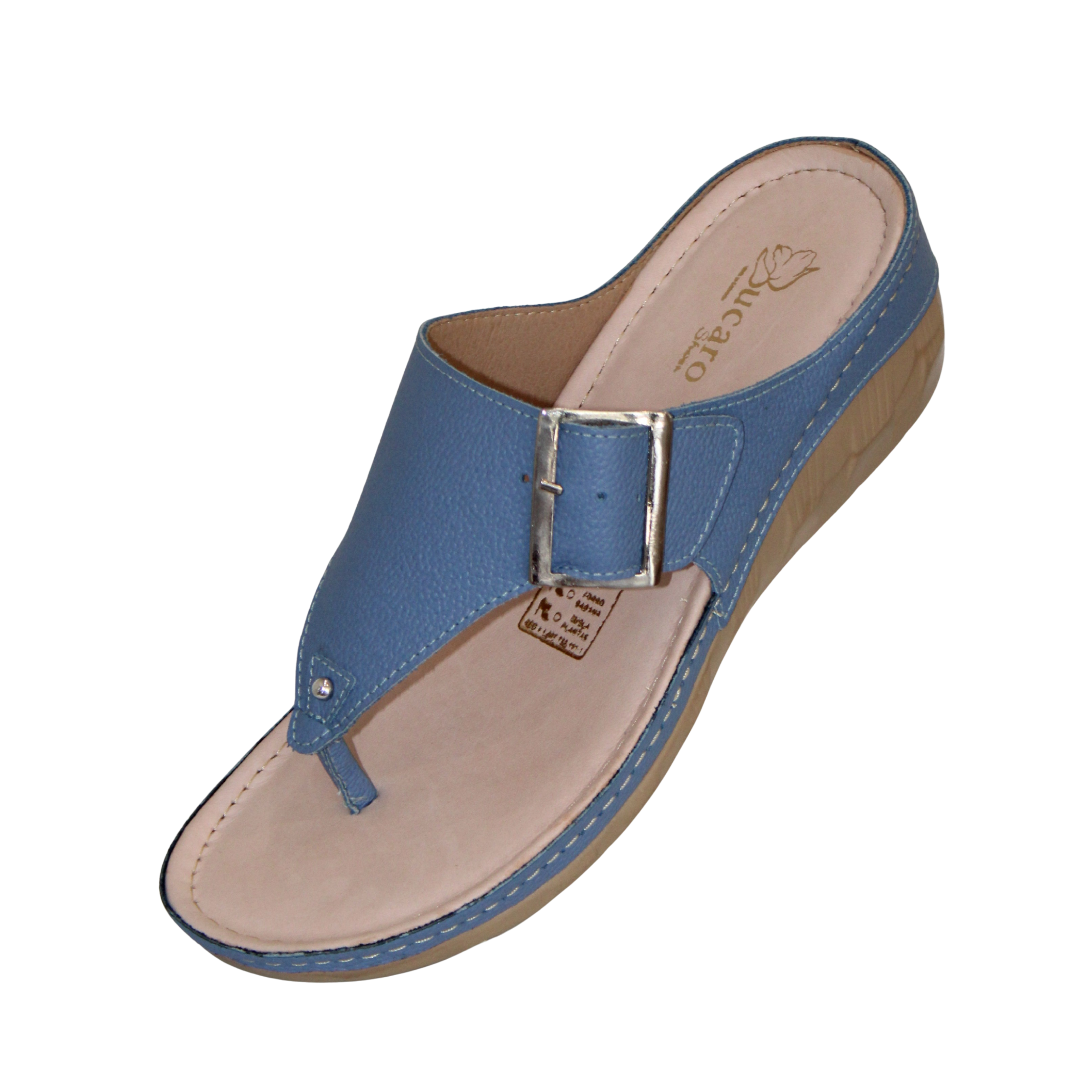 Flat Toe Sandals in Light Blue Leather with Adjustable Buckle Ref 0989
